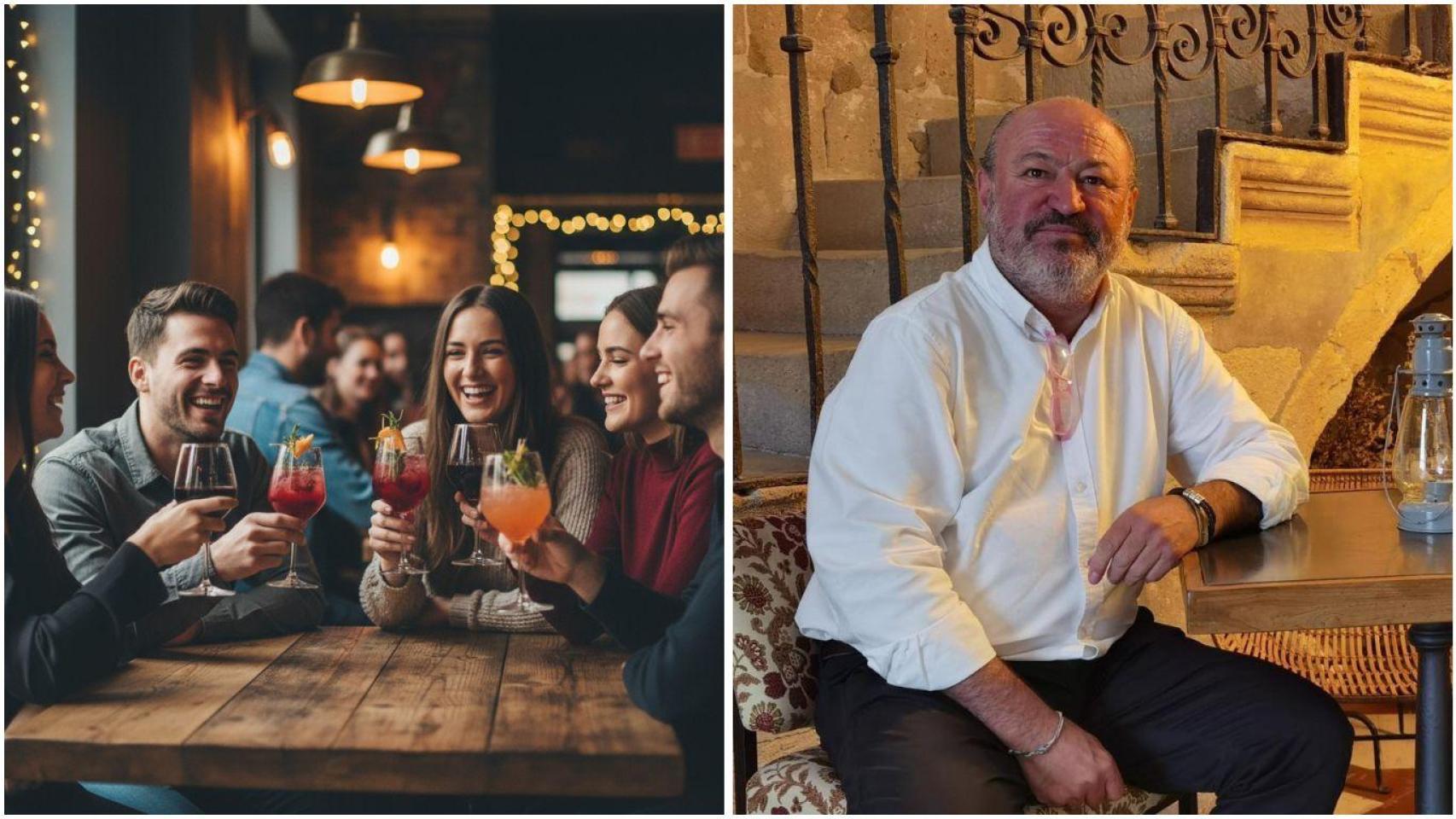 Fotomontaje de Luis Castillo y unos jóvenes disfrutando en un bar.