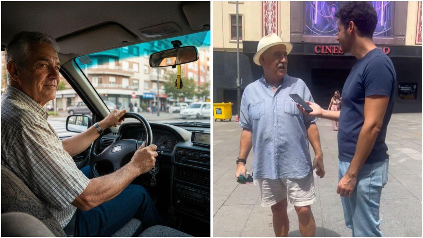 Fotomontaje de Antonio durante la entrevista con @queopinanporlacalle y una imagen de un jubilado conduciendo un vehículo.