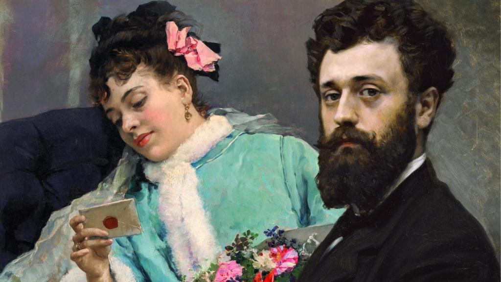 Raimundo de Madrazo, retratado por su padre Federico de Madrazo en 1875 (Museo del Prado). Al fondo, 'Felicitación de cumpleaños', de Raimundo de Madrazo (Museo del Prado).