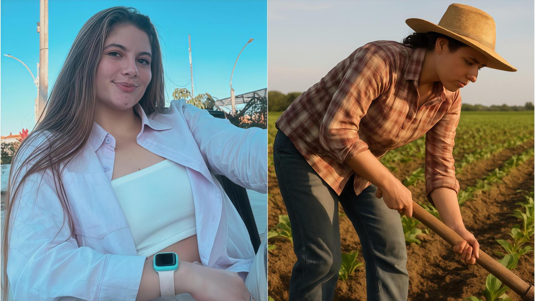 Montaje de Eve junto a la imagen de una mujer que trabaja en el campo