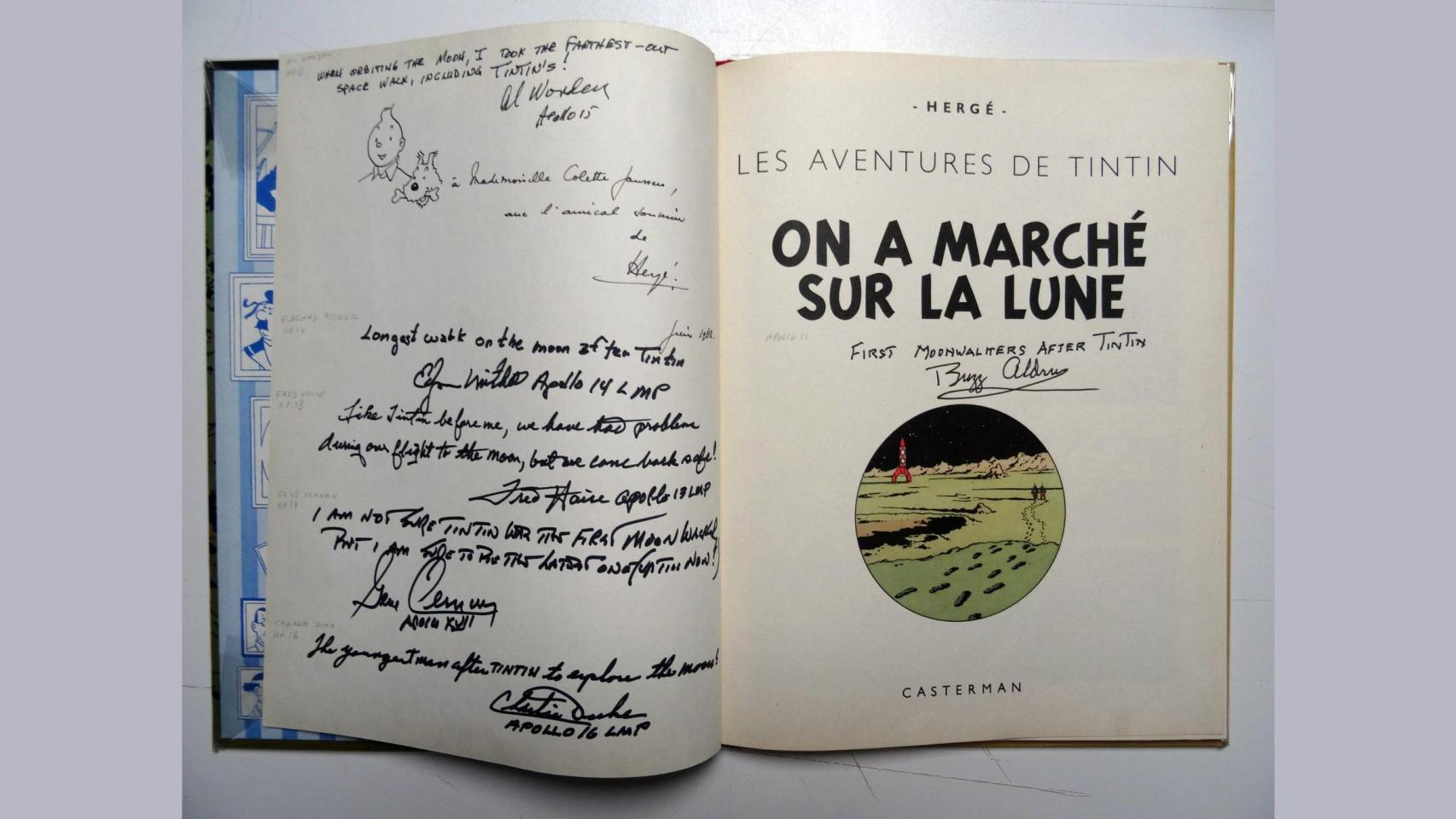 El cómic de Tintín subastado por 71.000 € con las firmas de los astronautas. Foto: Catawiki