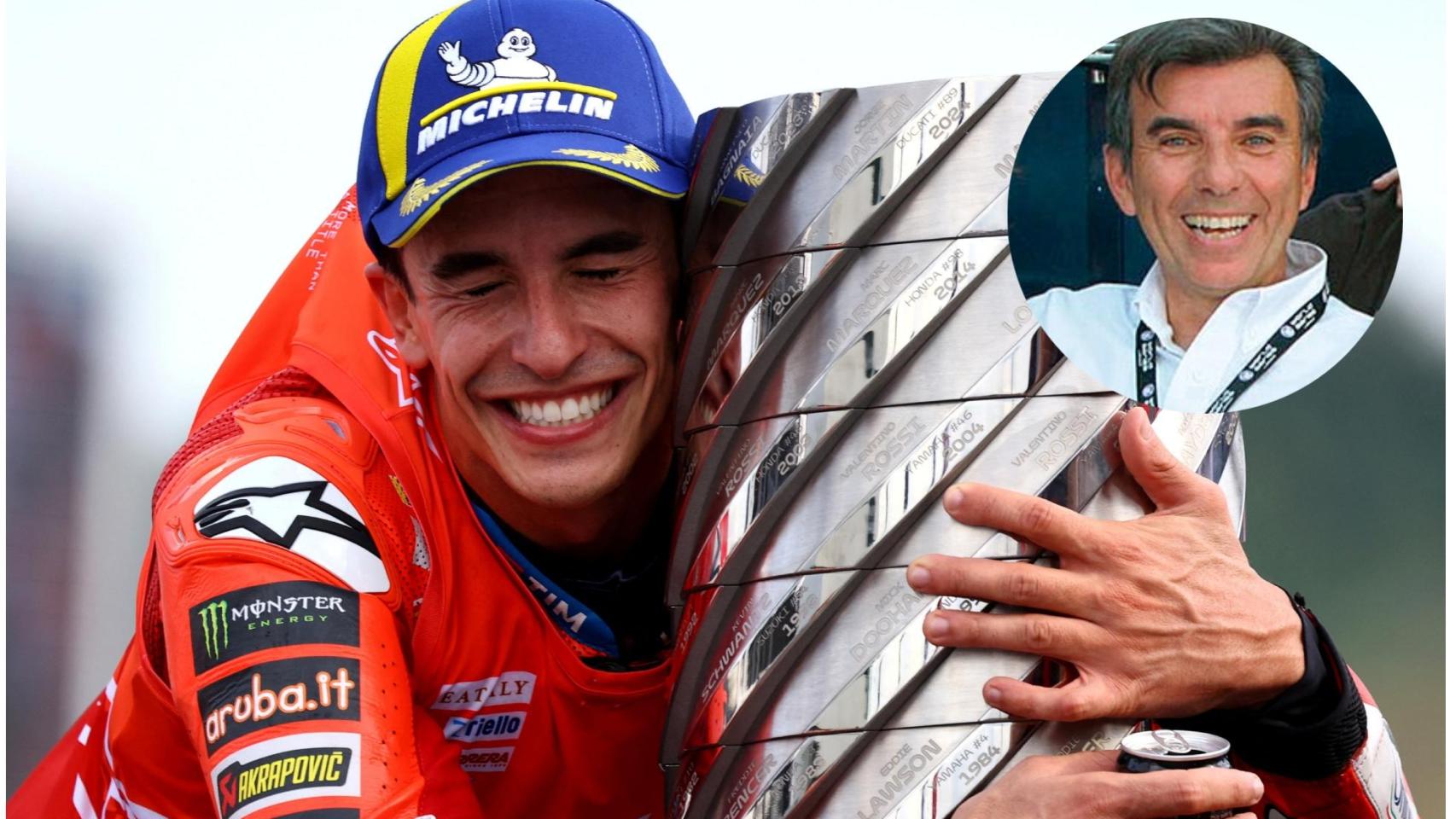 Marc Márquez abraza la 'Torre de Campeones' tras ganar el Mundial de MotoGP.