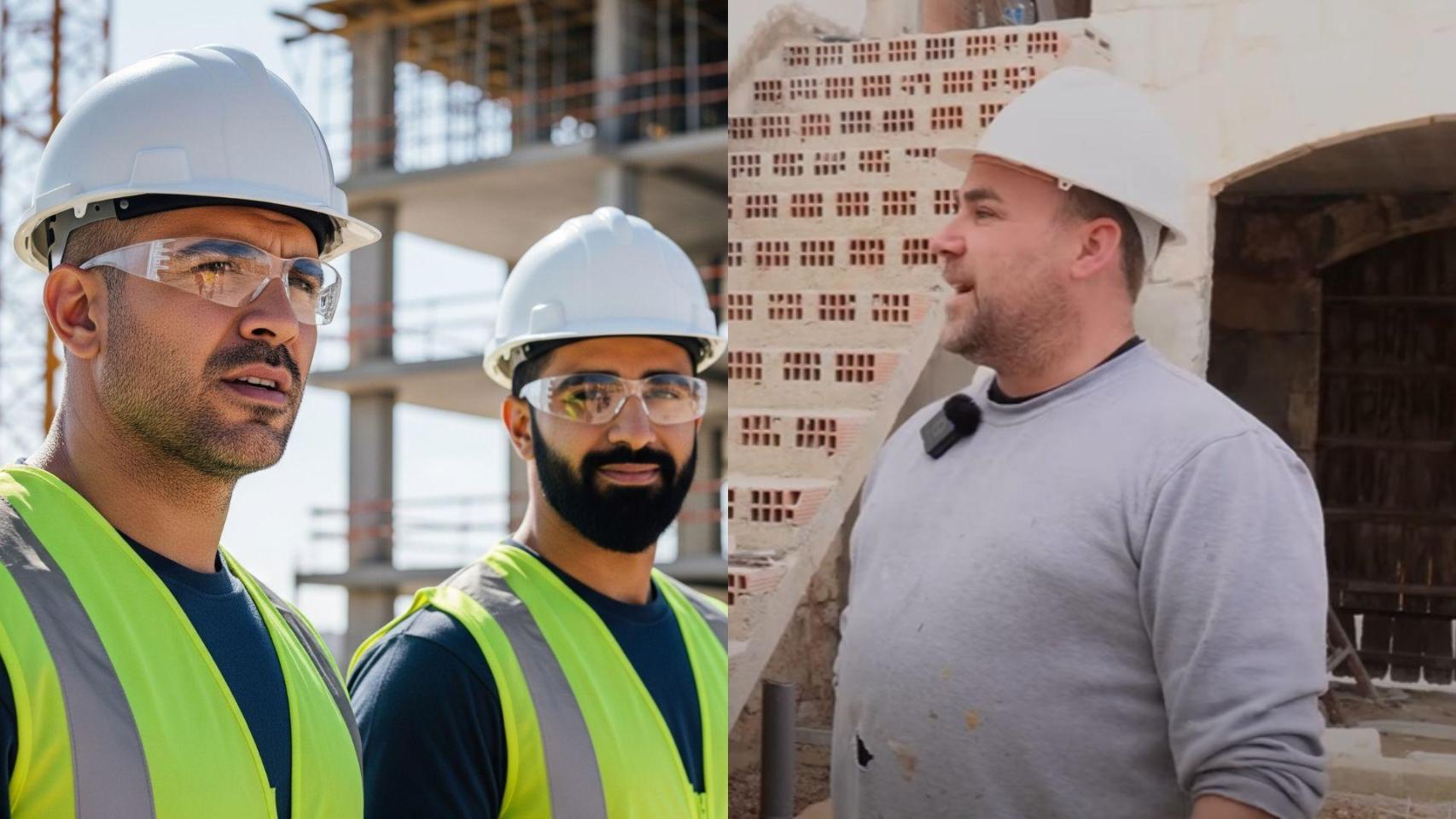 Imagen generada por IA de dos albañiles trabajando y el albañil Damián.