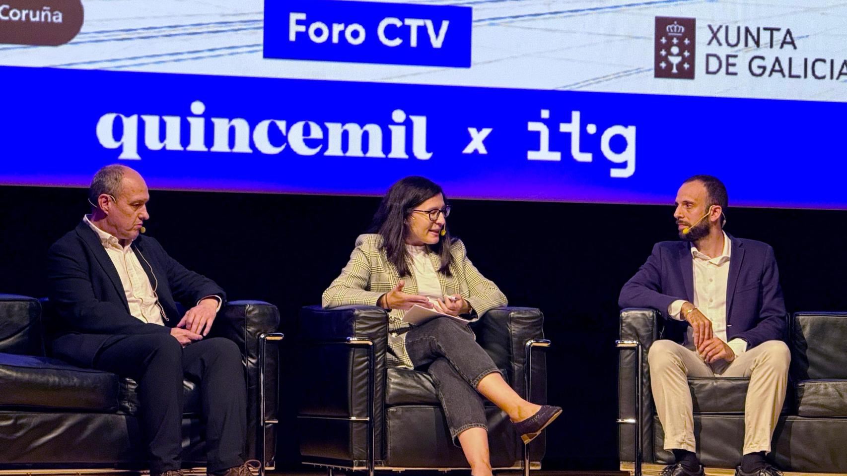 Carlos Blanco Seijo, director de I+D+i de Navantia; Loreto Peteiro, subdirectora de Quincemil; y Enrique Ventas García, UAS Global Growth Manager en ITG.