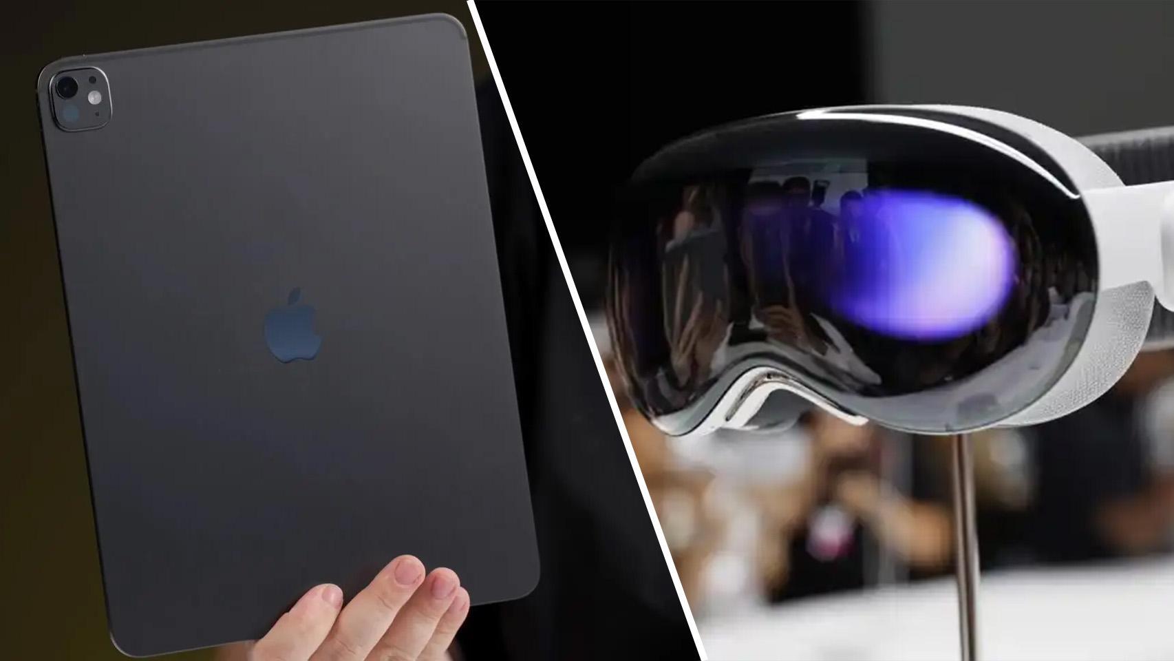 Fotomontaje con un supuesto iPad Pro M5 a la izquierda y unas Vision Pro a la derecha.