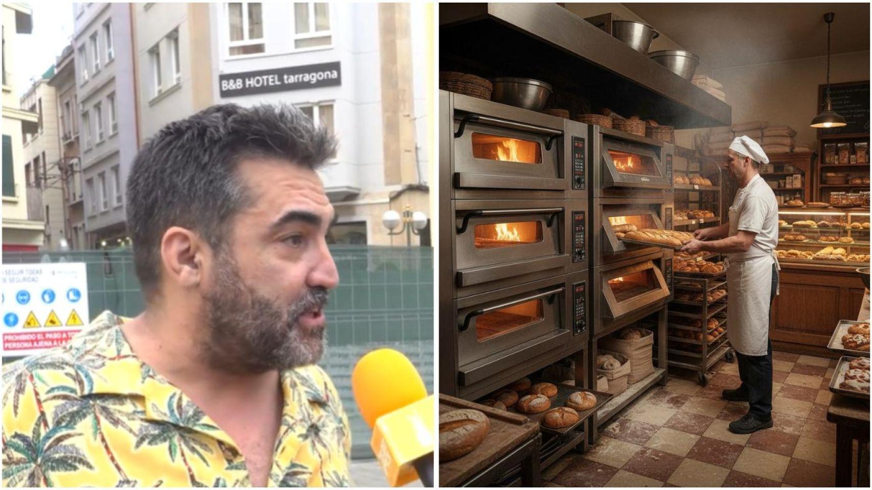 Fotomontaje de Jordi Andreu, dueño de una panadería, y una imagen generada por IA de un panadero horneando pan.