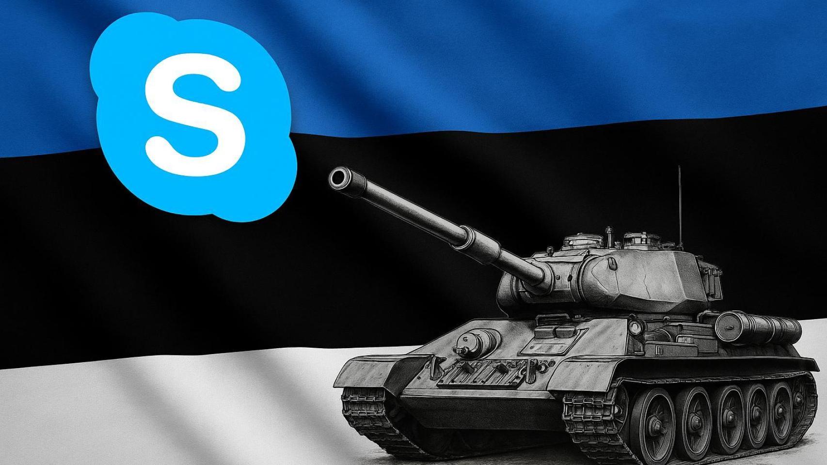 Fotomontaje creado con IA sobre la evolución de la innovación en Estonia: de Skype a la defensa.