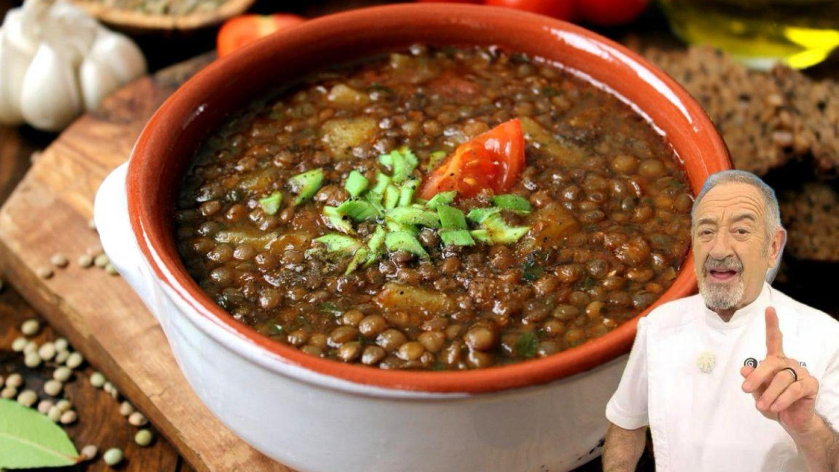 Karlos Arguiñano junto a un plato de lentejas.