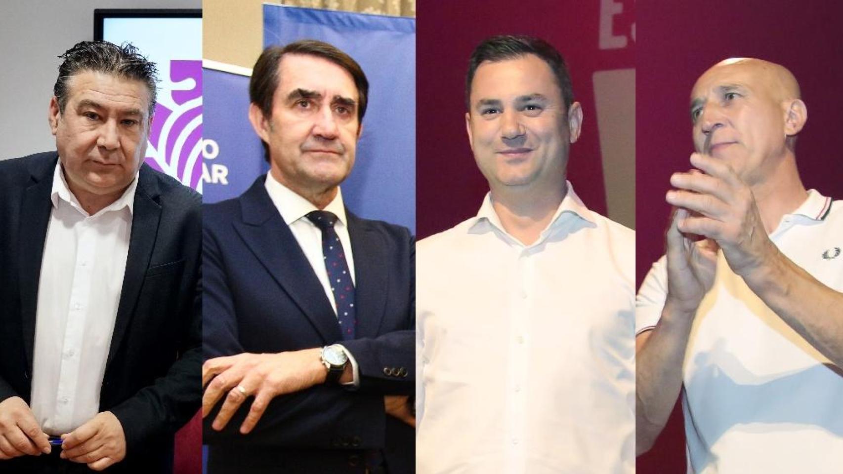 El portavoz de la Unión del Pueblo Leonés (UPL) en las Cortes, Luis Mariano Santos, el presidente de la gestora del PP de León, Juan Carlos Suárez-Quiñones, el secretario general del PSOE de León, Javier Alfonso Cendón y el alcalde de León, José Antonio Diez, en un montaje de EL ESPAÑOL