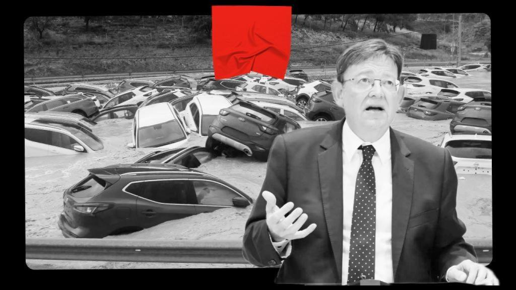 El entonces presidente autonómico Ximo Puig, sobre una imagen de la devastadora dana de 2019 en Orihuela.