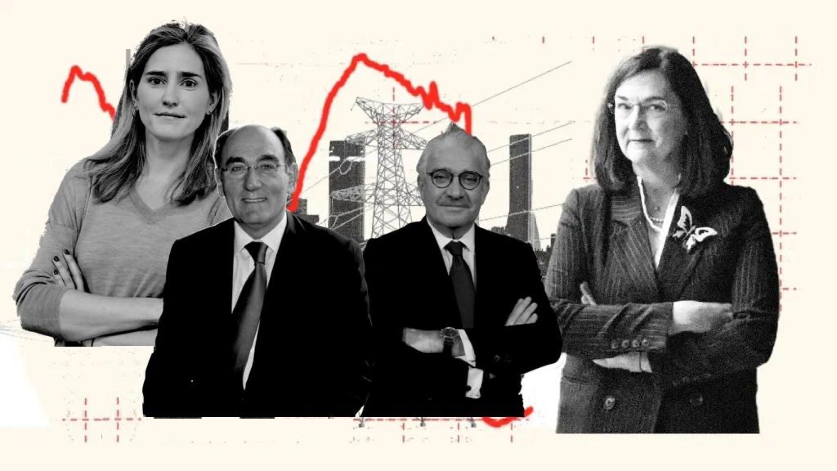 Fotomontaje con Sara Aagesen, vicepresidenta tercera para la Transición Ecológica; Ignacio Galán, presidente de Iberdrola; José Bogas, consejero delegado de Endesa, y Cani Fernández, presidenta de la CNMC.
