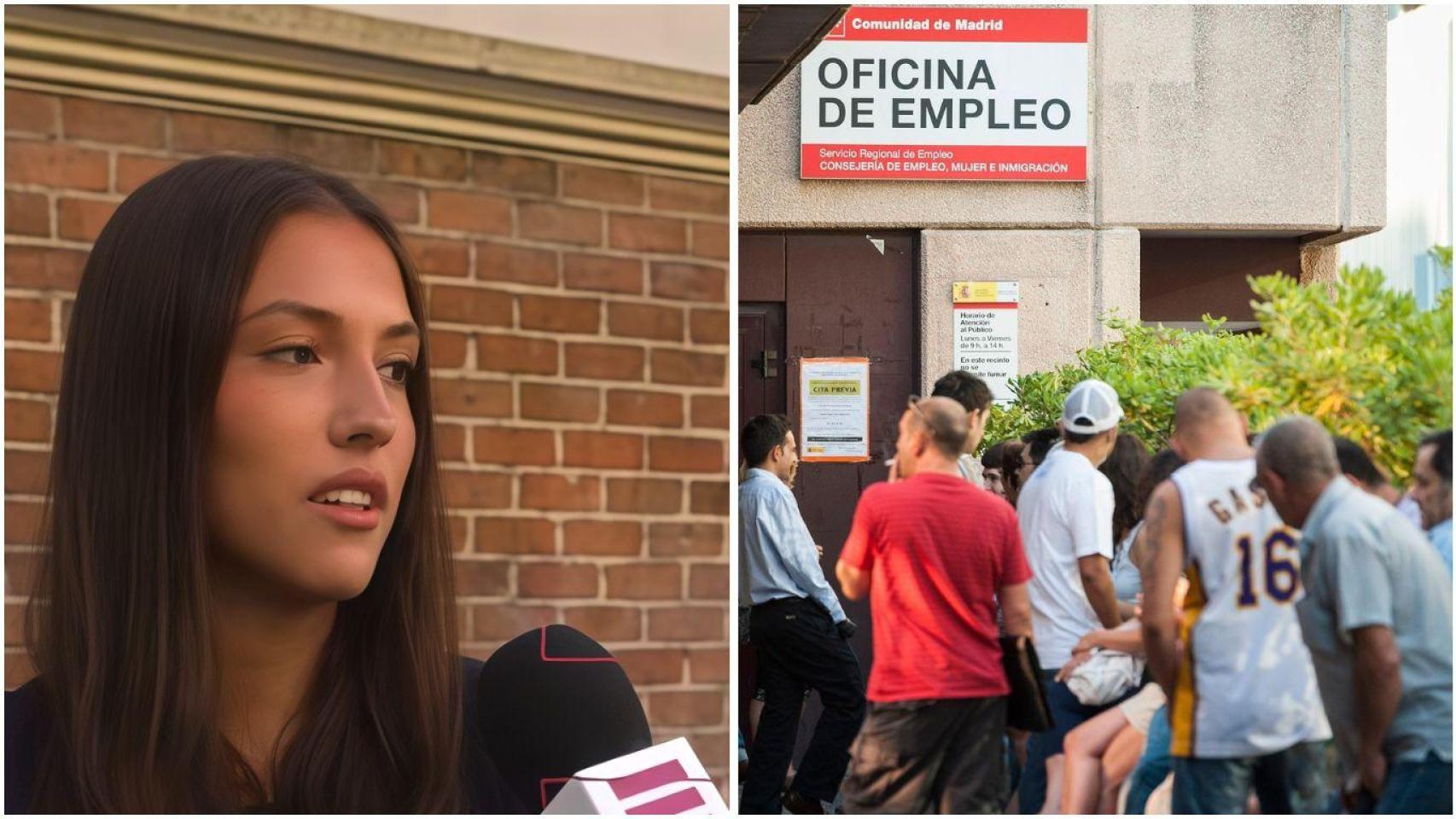 Fotomontaje de una joven estudiante de una universidad privada y un grupo de personas en la cola del paro.