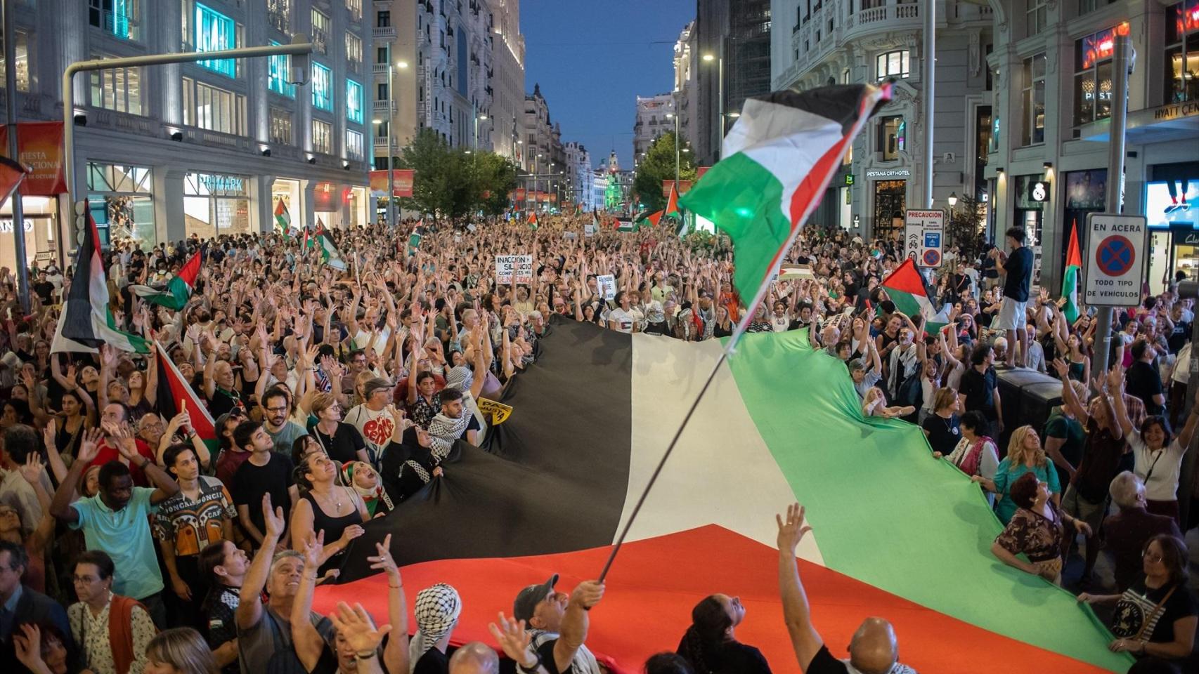 Manifestación propalestina en la Gran Vía de Madrid, el pasado sábado.