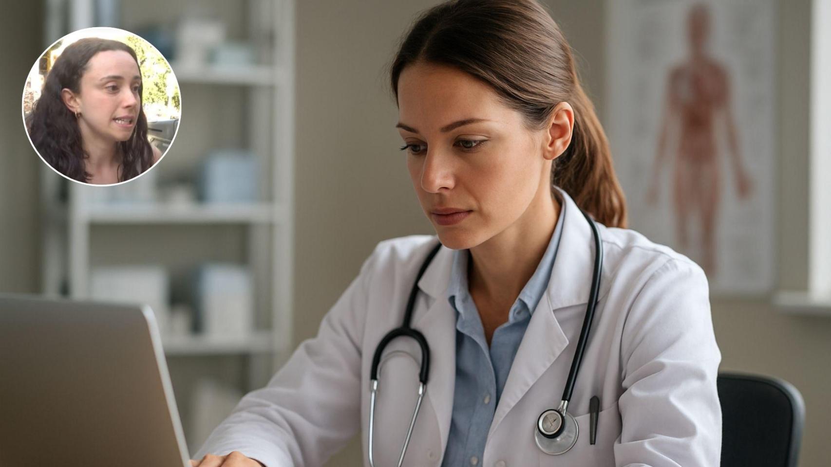 Imagen de una profesional sanitaria y una imagen generada por IA de una médica trabajando.