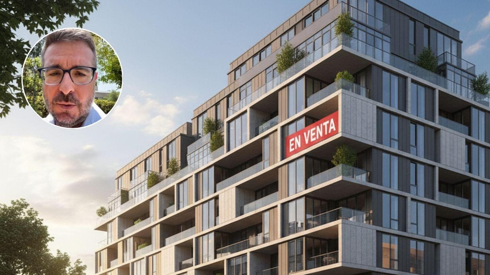Sergio Gutiérrez y un bloque de departamentos generado por IA.