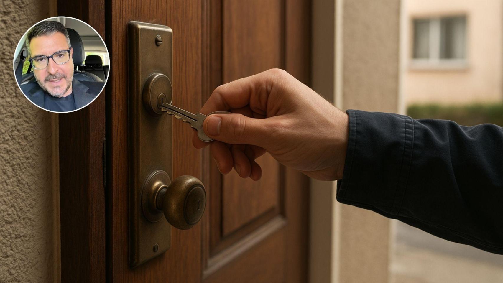 Sergio Gutiérrez y una imagen generada por IA de una persona entrando en su vivienda.