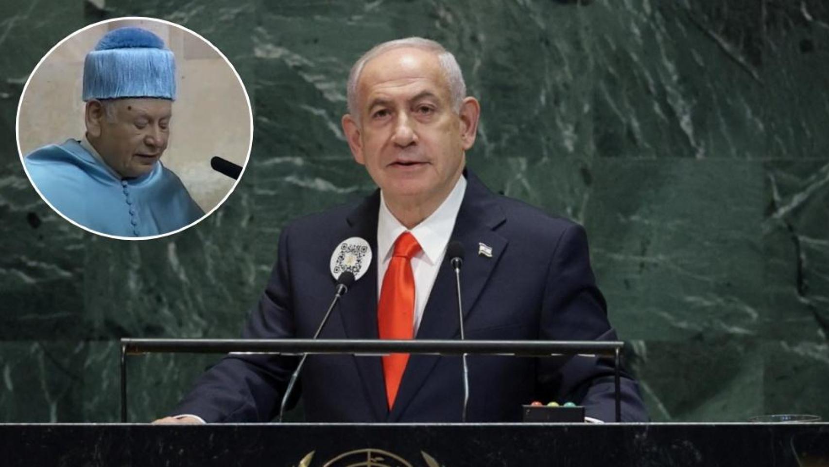 El primer ministro de Israel, Benjamín Netanyahu, durante su intervención ante la Asamblea General de la ONU del pasado mes de septiembre y su padre, Benzion Netanyahu, recibiendo el Doctorado Honoris Causa en la UVa en abril de 2001, en un montaje de EL ESPAÑOL