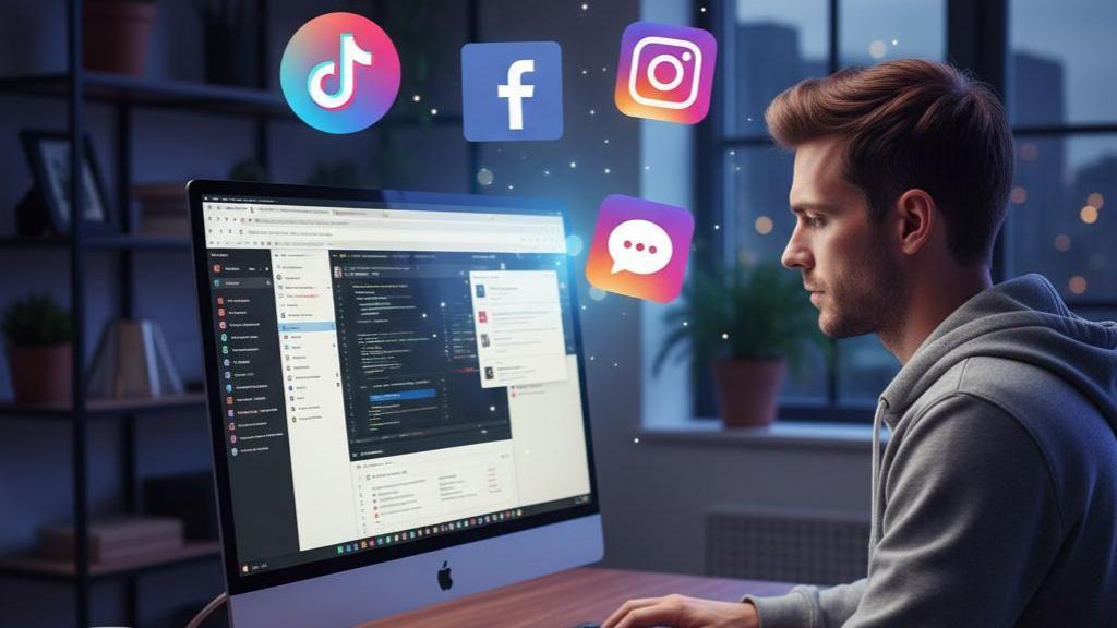 Imagen generada por IA de un trabajador desarrollando una estrategia multiplataforma.
