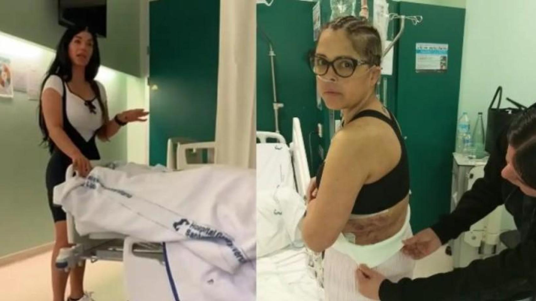 La doctora Kebeya, conocida como la 'Reina de la Cirugía' en redes sociales, junto a una imagen de Yngrid Goitia, la paciente que la ha denunciado por acabar en la UCI tras una operación estética.