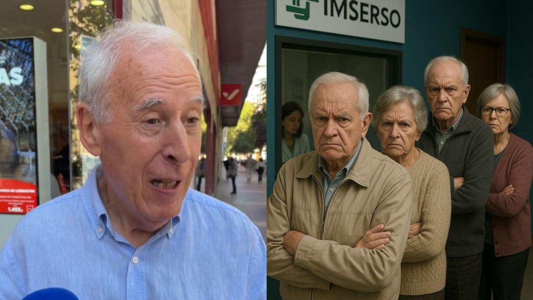 Montaje con jubilado entrevistado por el Heraldo de Aragón y un grupo de jubilados haciendo fila para reservar el Imserso