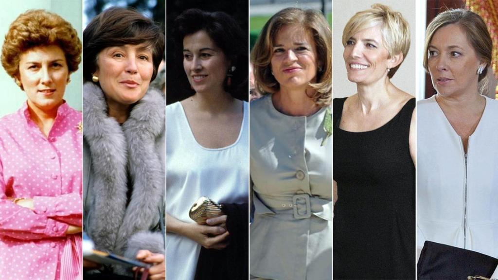 Las antecesoras de Begoña Gómez en la Moncloa: Amparo Illana, Pilar Ibáñez, Carmen Romero, Ana Botella, Sonsoles Espinosa y Elvira Fernández.