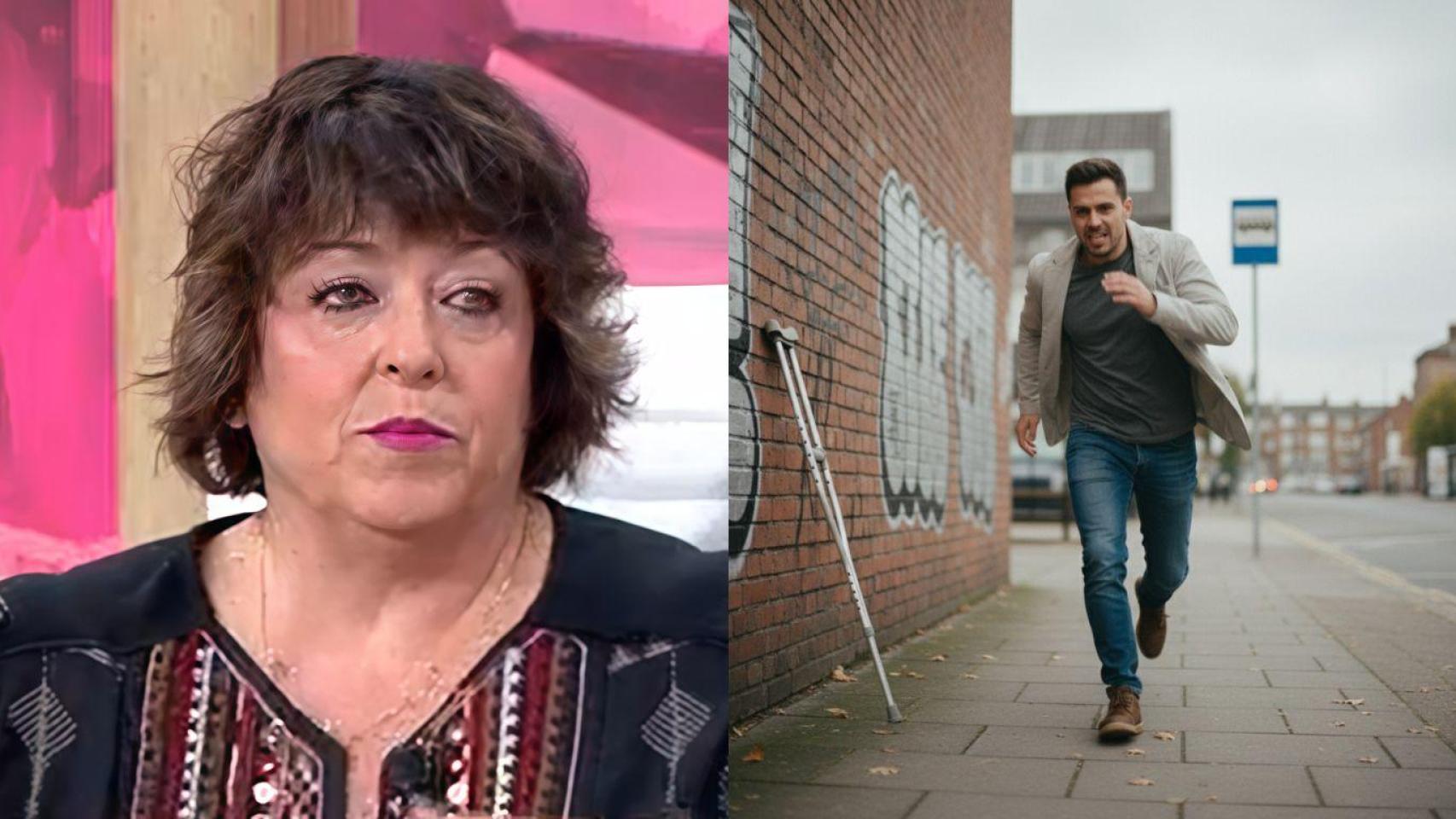 Fotomontaje de la empresaria Natacha Gascón y un trabajador que empieza a correr tras dejar la muleta en la pared.