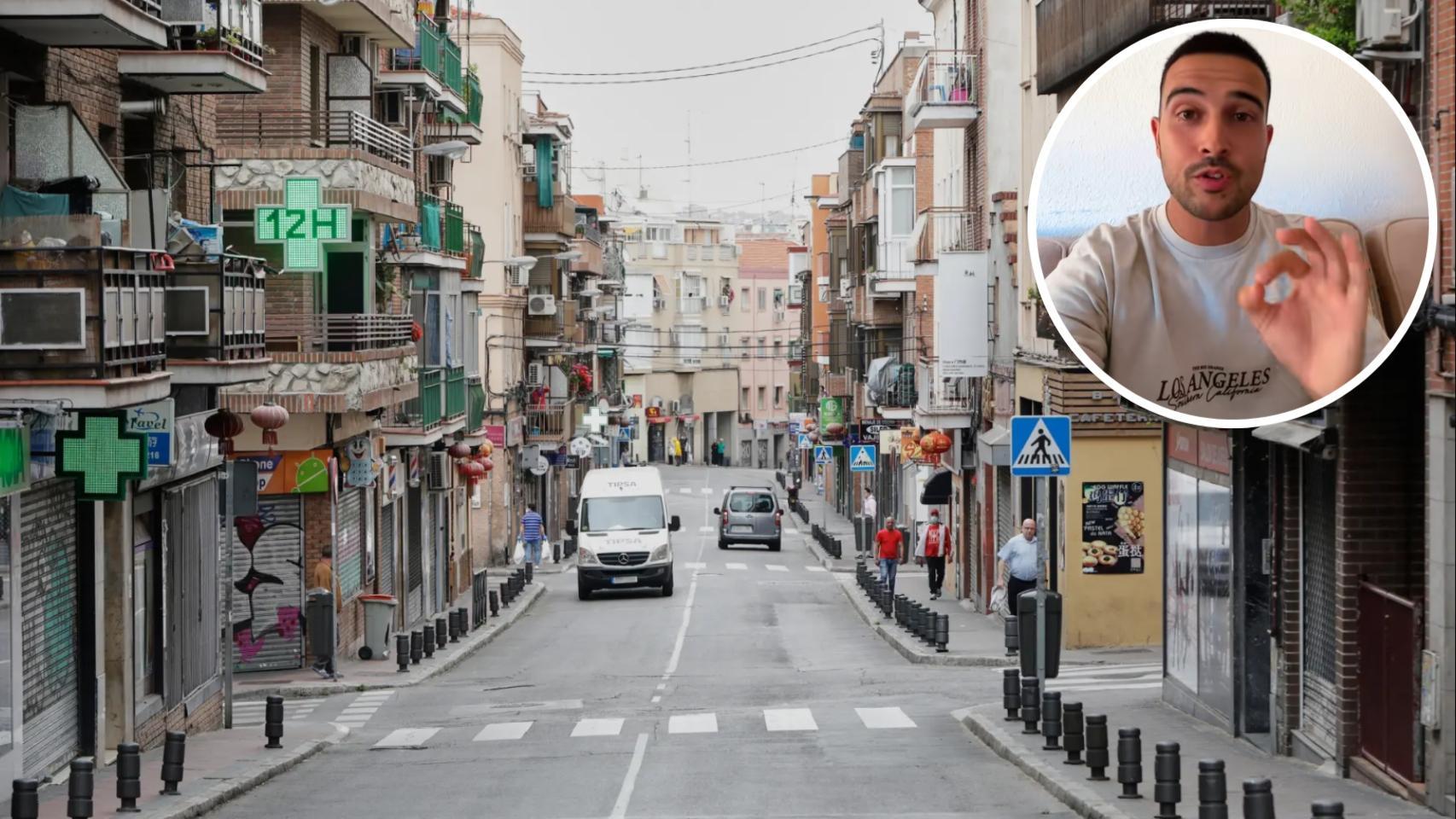 El creador de contenido Álvaro Barco y una calle de Usera en Madrid.