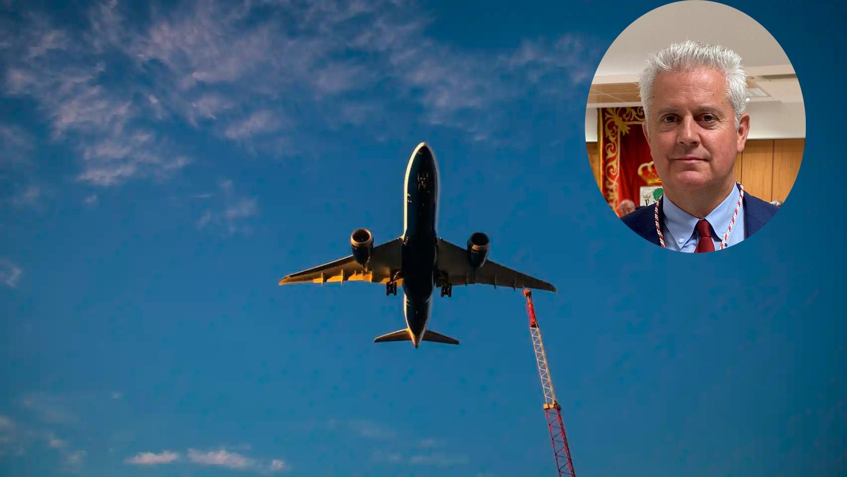 Un avión despegando y el exalcalde de San Sebastián, Narciso Romero.