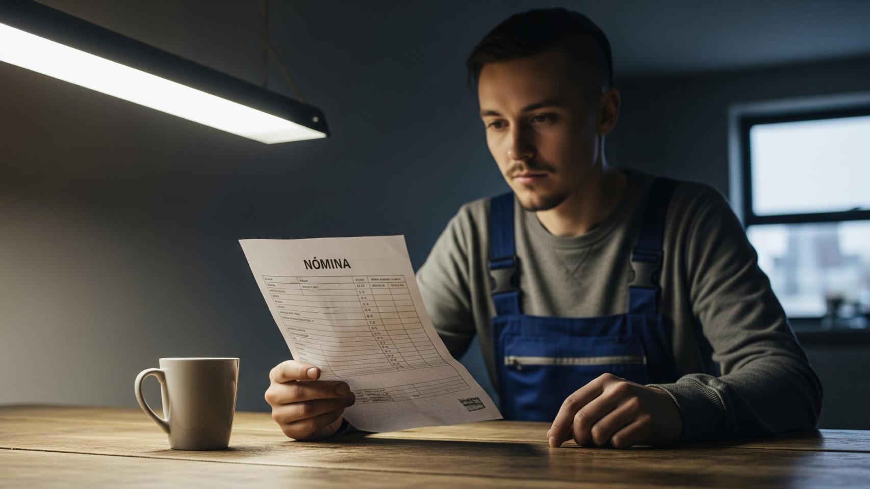 Un trabajador revisa su nómina en una imagen creada con IA.