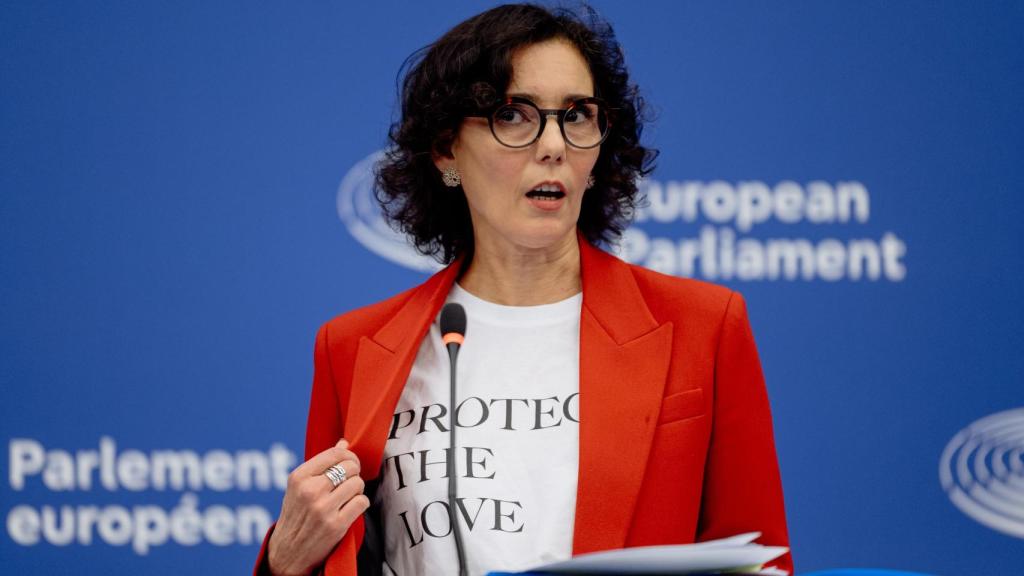 The Commissioner for Equality, Hadja Lahbib, during the press conference this Wednesday in Strasbourg
