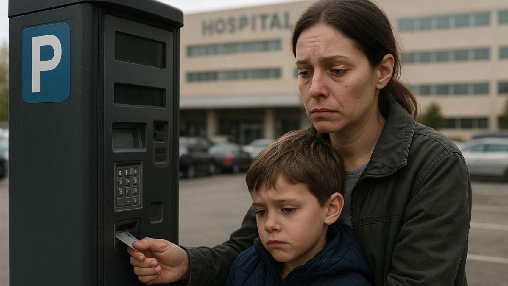 Una madre con su hijo pagando el parking.