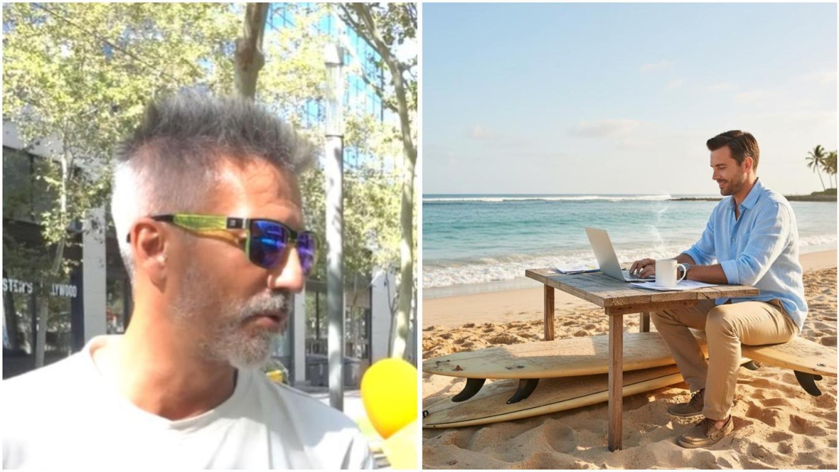 Fotomontaje de un funcionario y una imagen generada por IA de un hombre con su portátil en la playa.