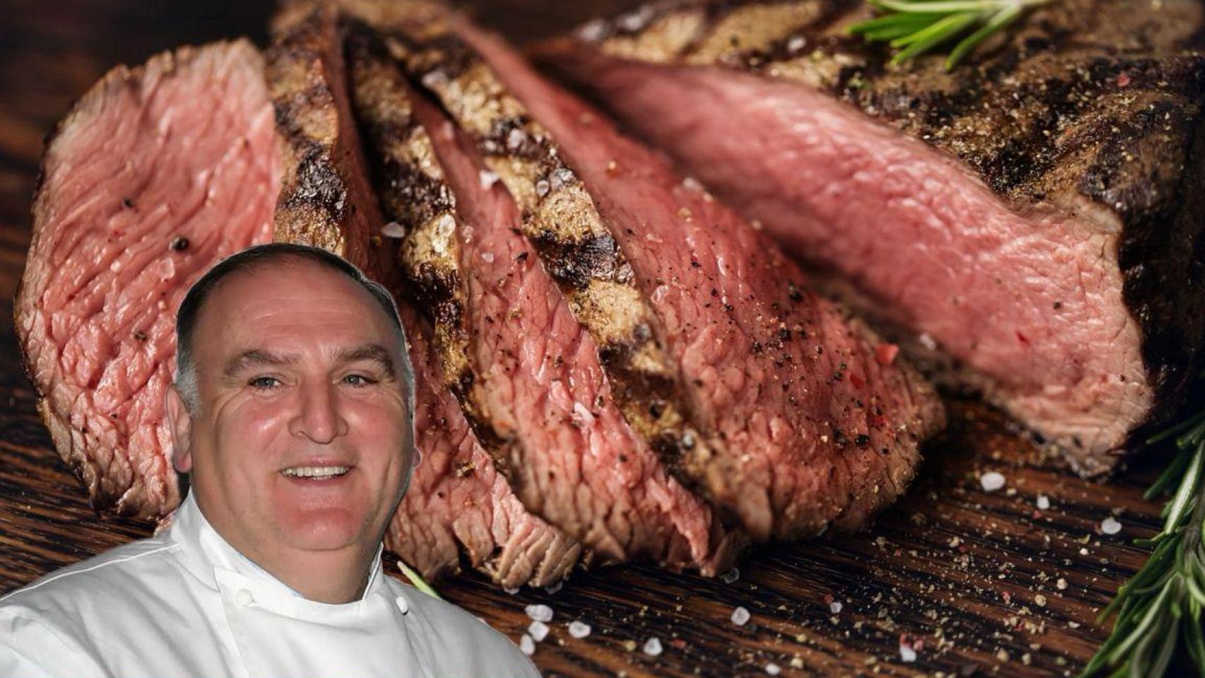 El chef José Andrés junto a un filete de carne a la plancha.
