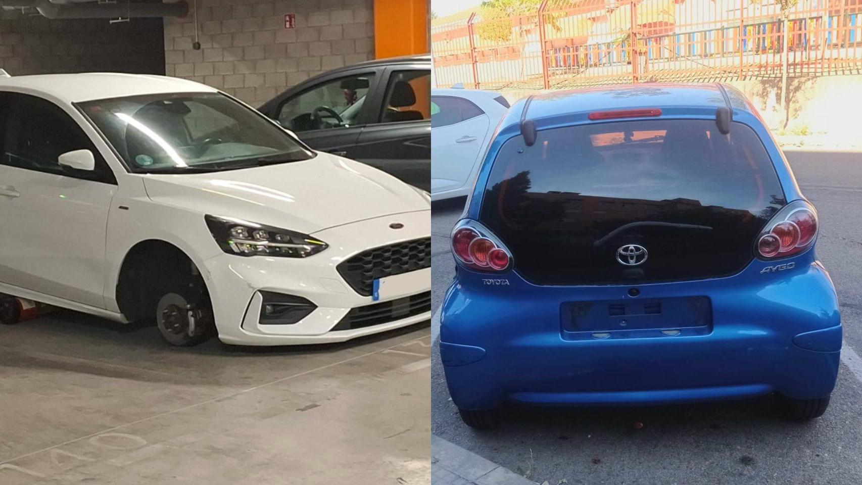 Coches a los que han robado las ruedas y la matrícula en Alcalá.