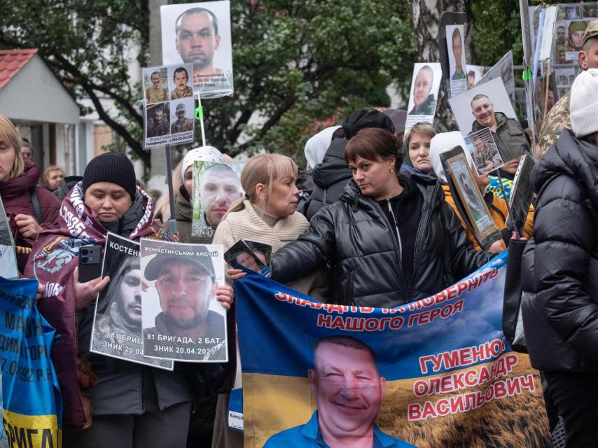 Relatives of Ukrainian prisoners of war and missing in action attend an exchange seeking information about their loved ones.