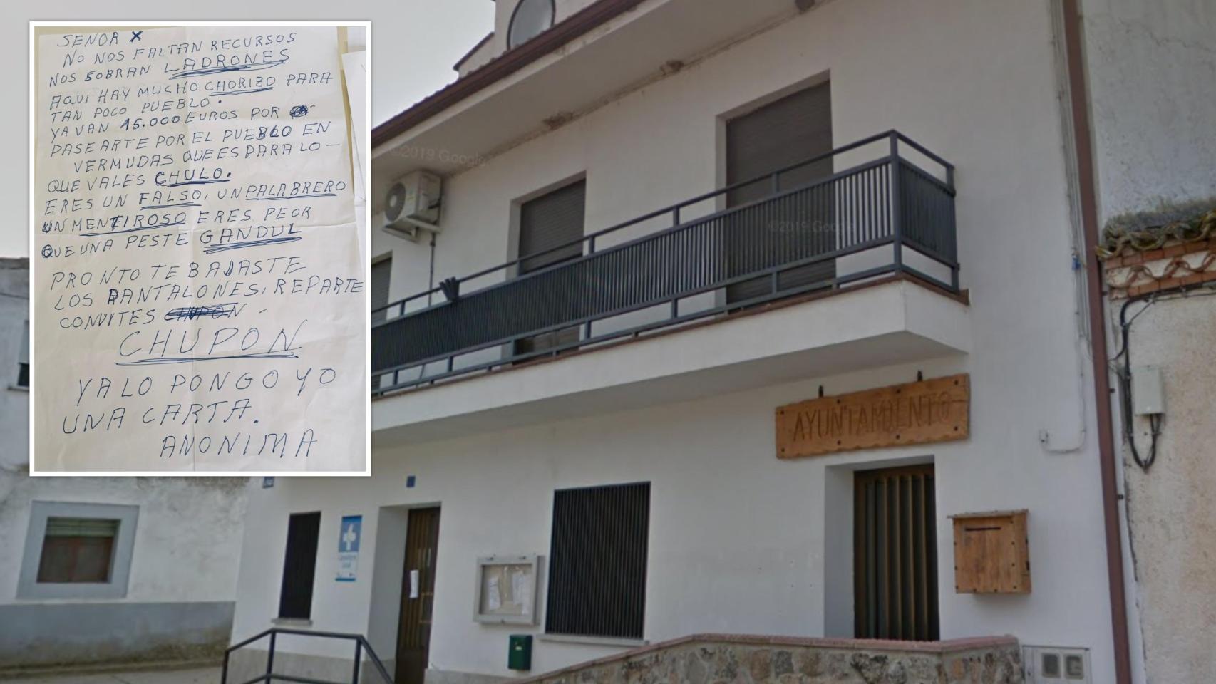 El Ayuntamiento de Saldeana y una de las cartas con amenazas que recibió el alcalde