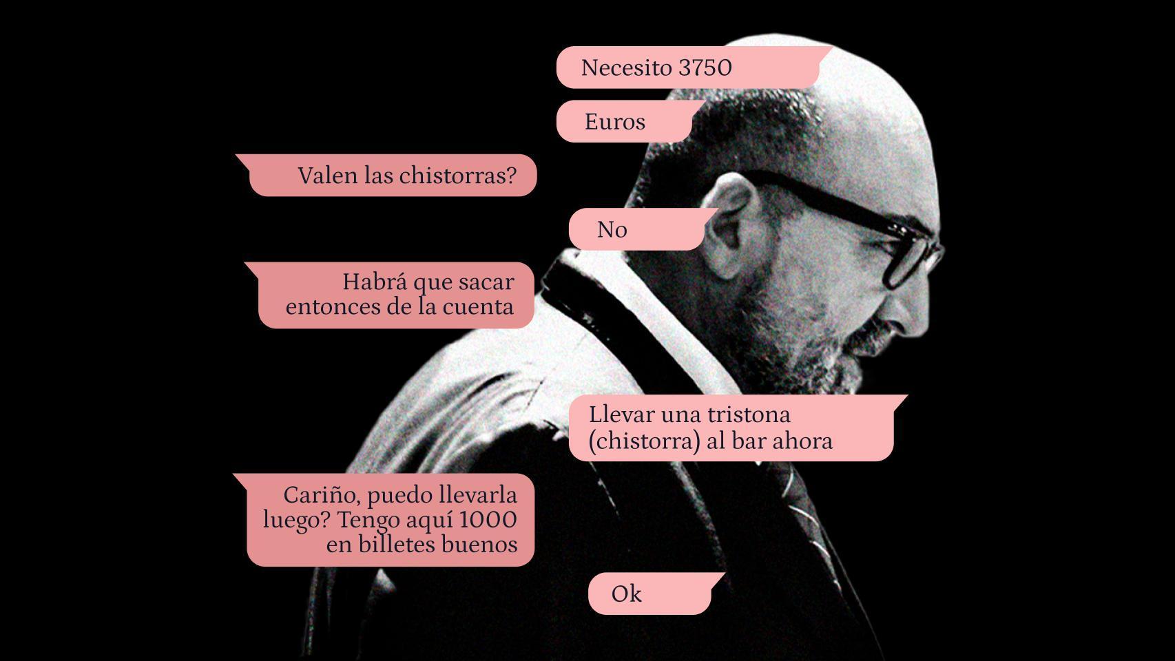 Koldo García y varios de sus 'wasaps' sobre chistorras, en un fotomontaje.