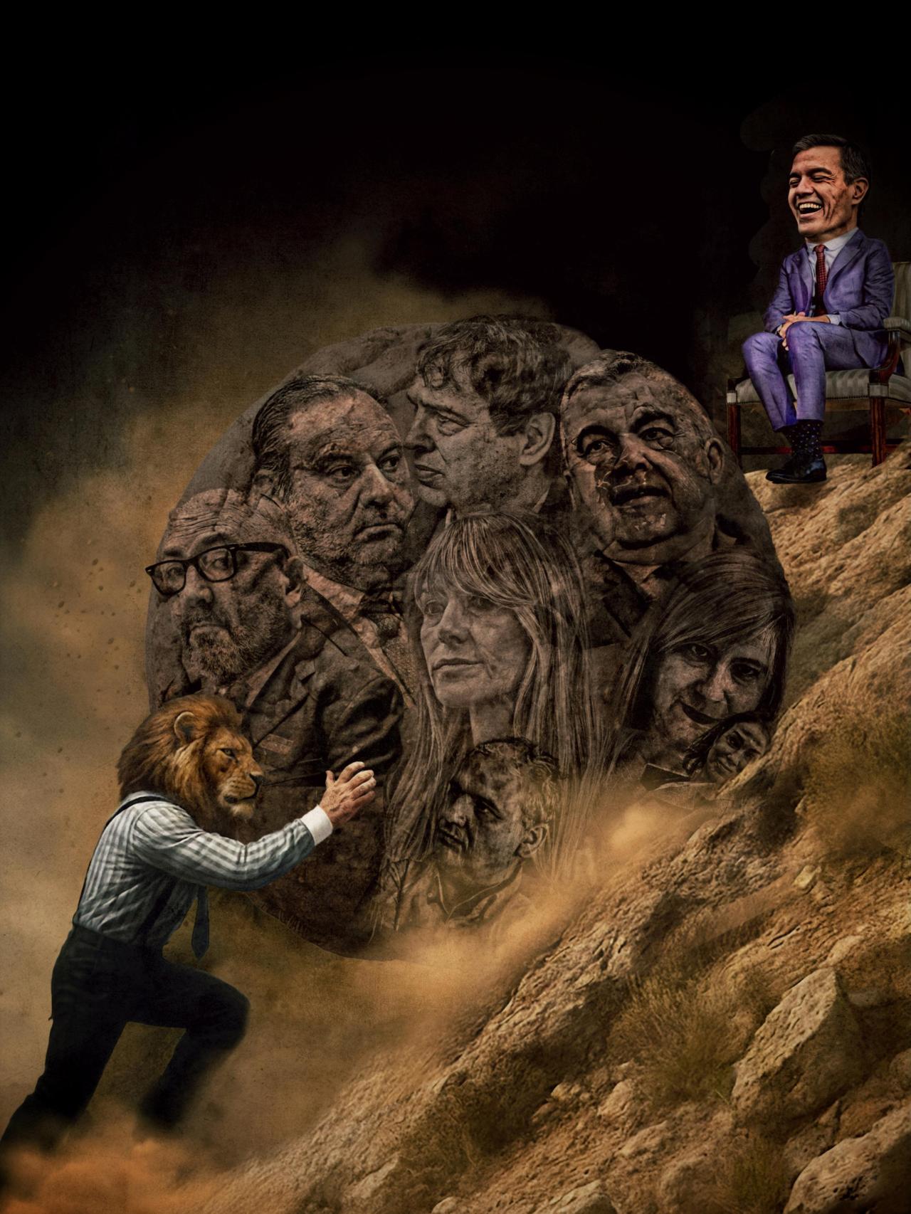 Una ilustración de EL ESPAÑOL llevando a Sánchez sus casos de corrupción.