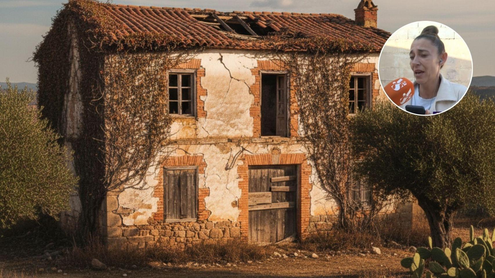 Imagen generada por IA de una vivienda derruida y Virginia, la propietaria.