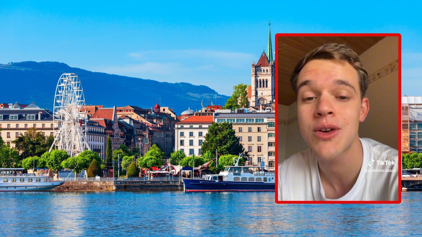 Pablo, un joven español, y una panorámica de la ciudad de Ginebra (Suiza). Montaje de El Español