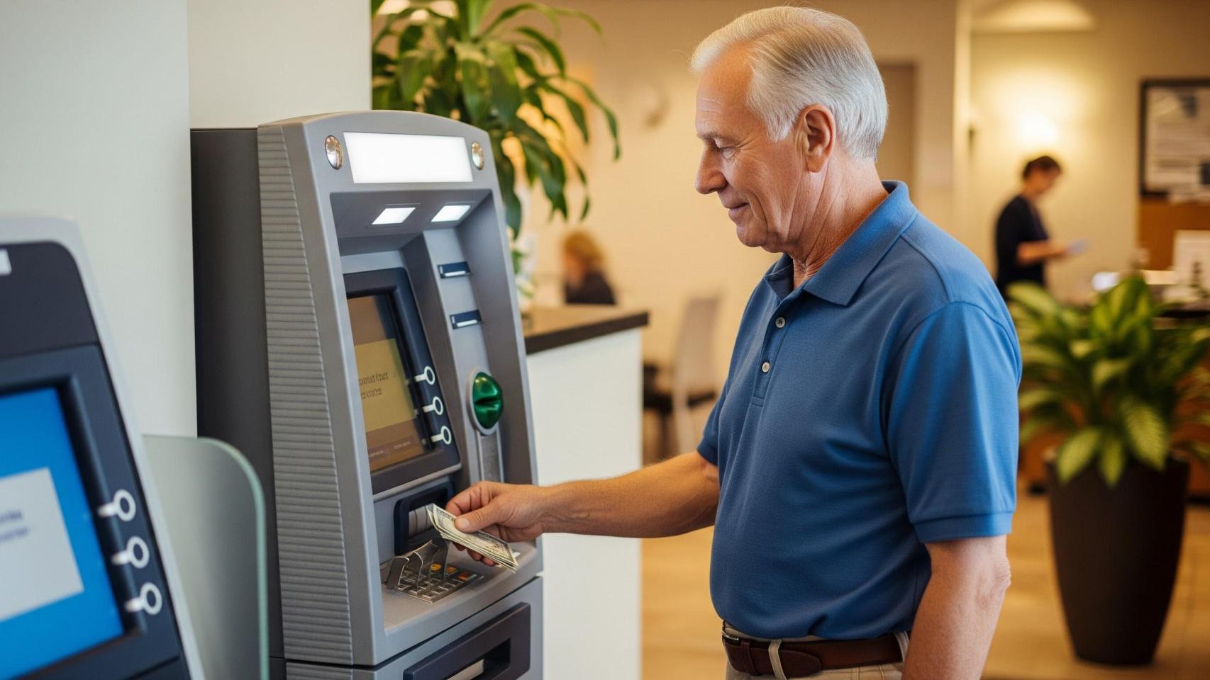 Jubilado sacando dinero de un cajero en una imagen creada con IA.