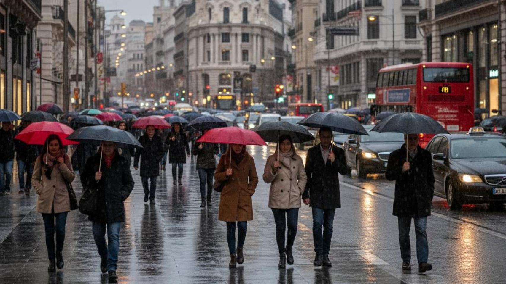 Imagen de una calle de Madrid en un día lluvioso generada por IA.