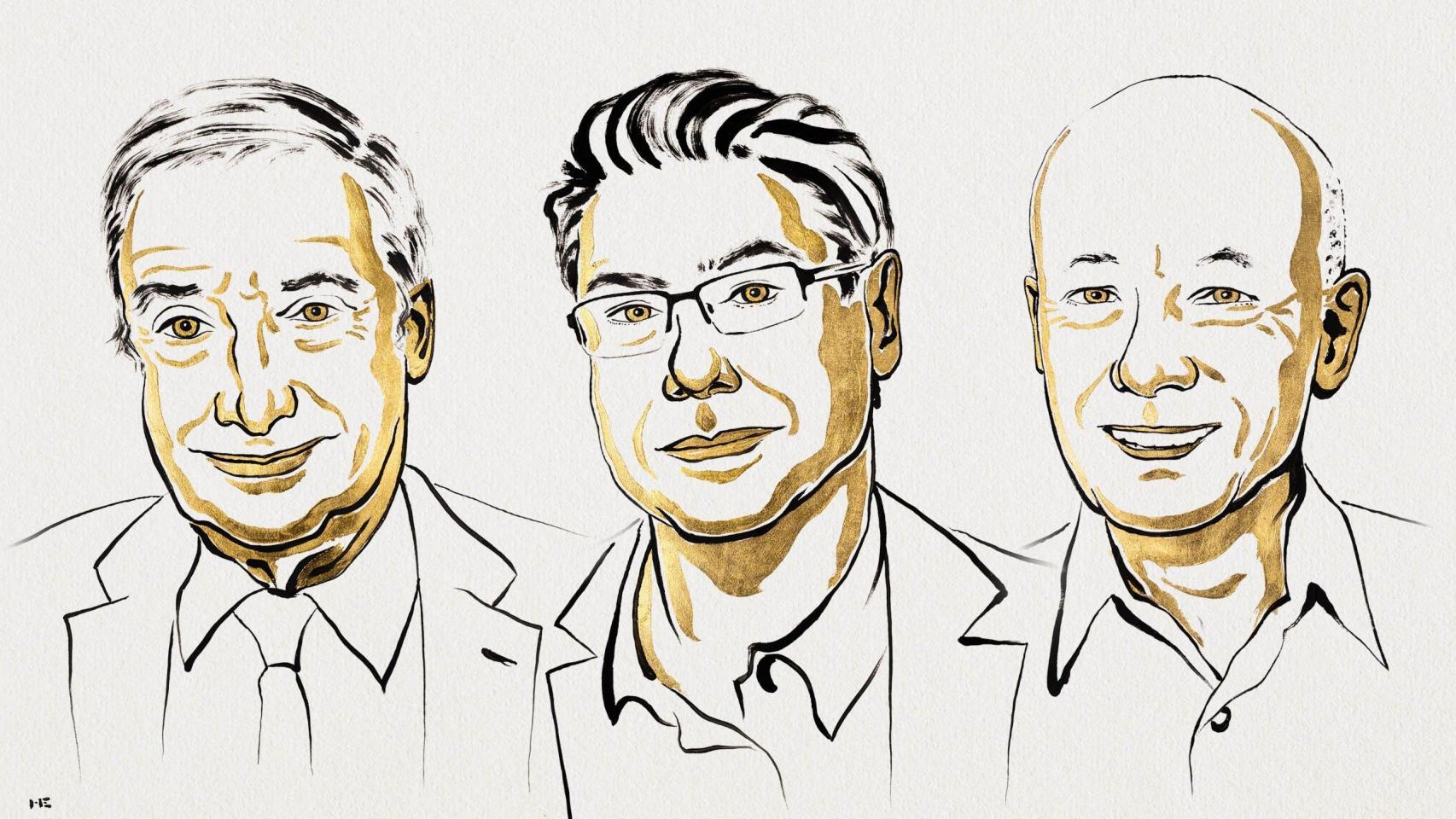 De izquierda a derecha: Joel Mokyr, Philippe Aghion y Peter Howitt, Premio Nobel de Economía 2025.