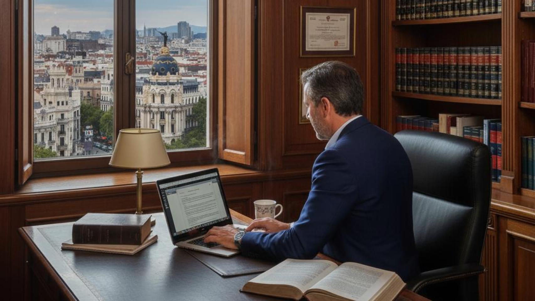 Imagen de un abogado trabajando en su despacho generada por IA.