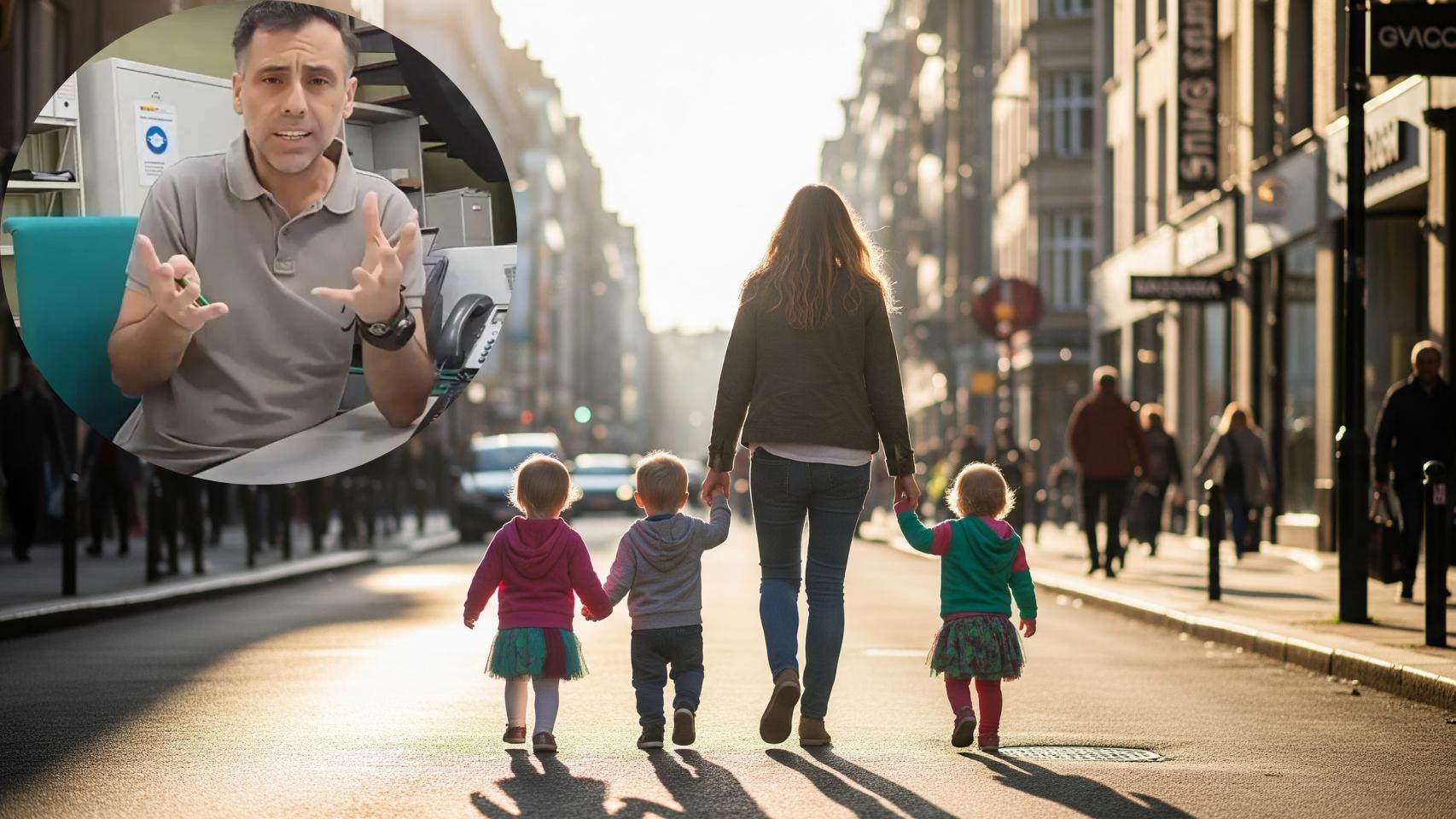 Montaje de Alfonso Muñoz con una madre y sus hijos en una foto creada con IA.