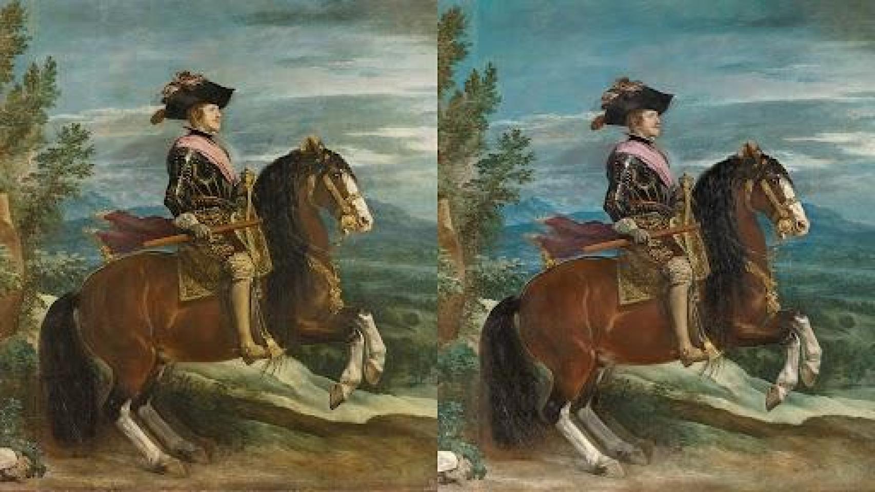 Diego Velázquez: 'Felipe IV a caballo' (antes y después de la restauración), 1635. Foto: Museo Nacional del Prado