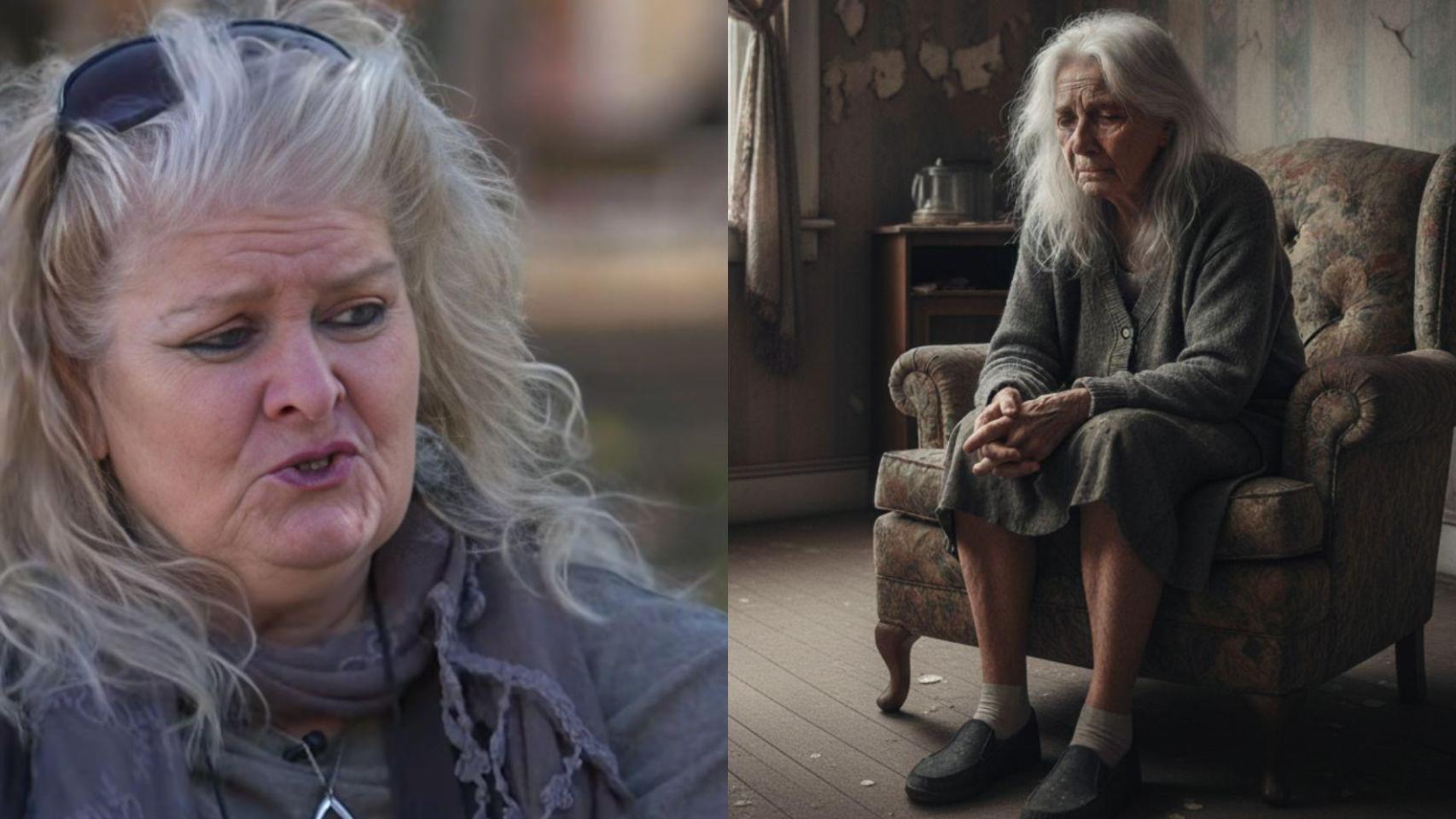 Pilar y una adulta mayor en una vivienda descuidada generada con IA.