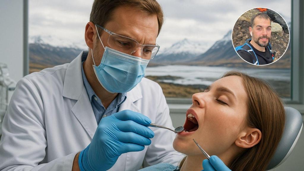 Imagen generada por IA de un dentista trabajando en Islandia y una imagen de Gerard.