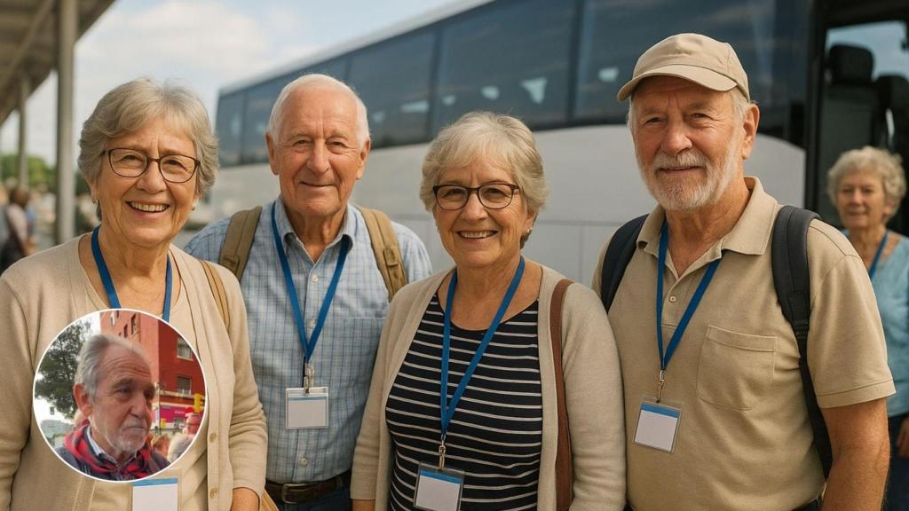 Imagen generada por IA de unos jubilados en el Imserso y una imagen del jubilado.