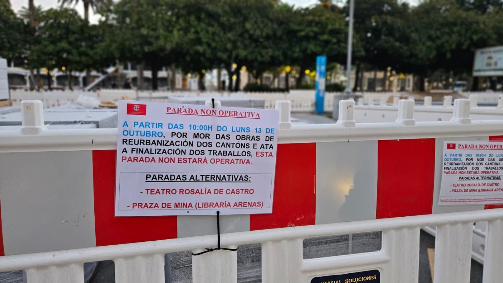 Aviso de parada no operativa en el Obelisco de A Coruña por las obras en Los Cantones.